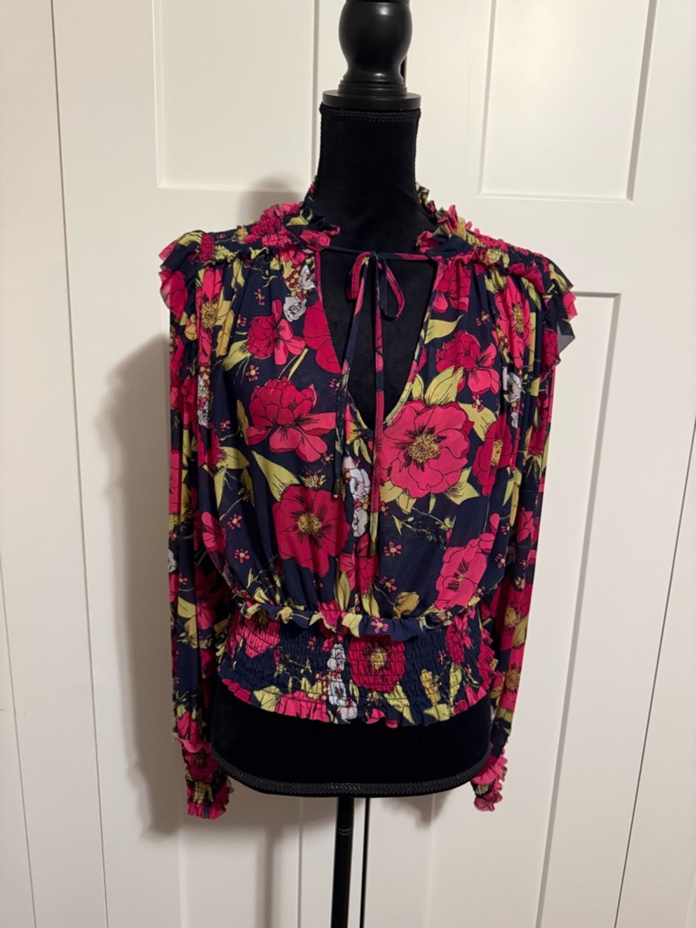 Free People Navy Floral Tie-Front Blouse with Fuchsia and Lime Accents